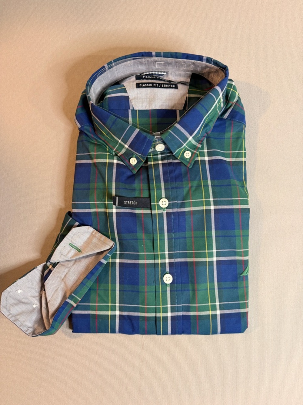 Nautica Men’s Blue & Green Plaid Stretch Button-Down Shirt Size Large